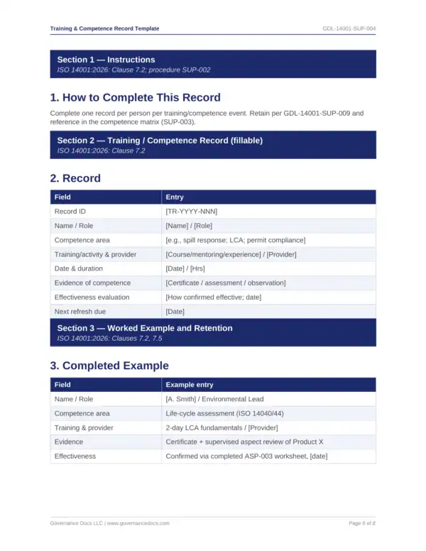 ISO 14001 toolkit sample: Training Competence Record Template