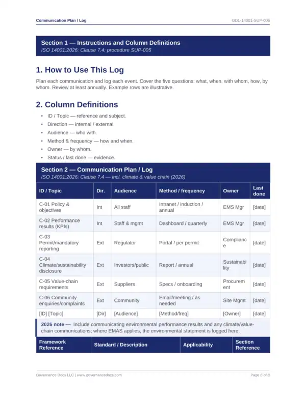 ISO 14001 toolkit sample: Communication Plan Log