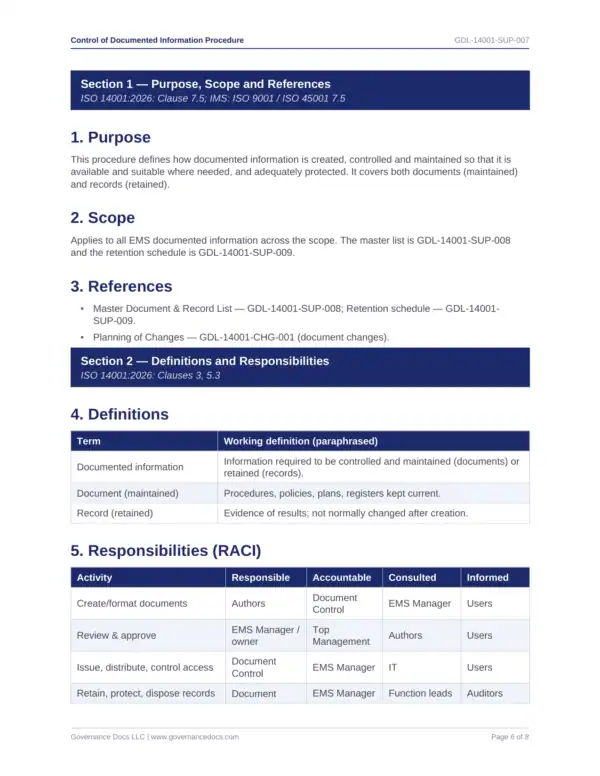 ISO 14001 toolkit sample: Control of Documented Information Procedure