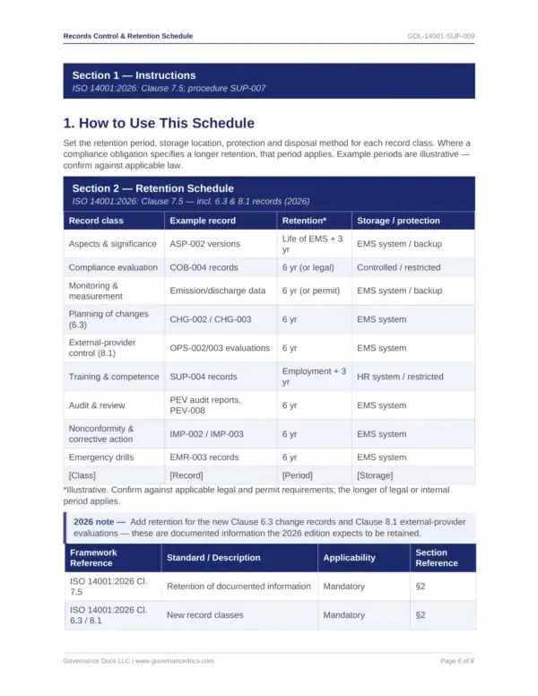 ISO 14001 toolkit sample: Records Control Retention Schedule