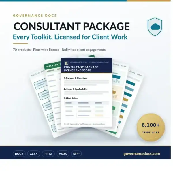 Consultant Package hero image - all 71 Governance Docs toolkits, 6,201 editable templates licensed for unlimited client work