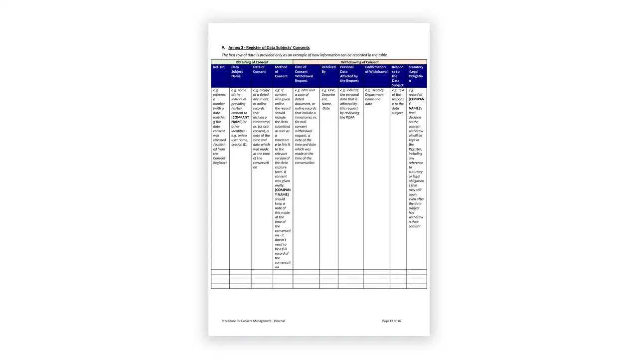 Data Protection toolkit sample: Procedure for Consent Management