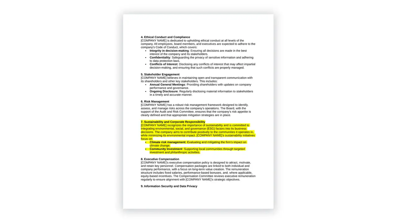 ESG toolkit sample: Corporate Governance Policy