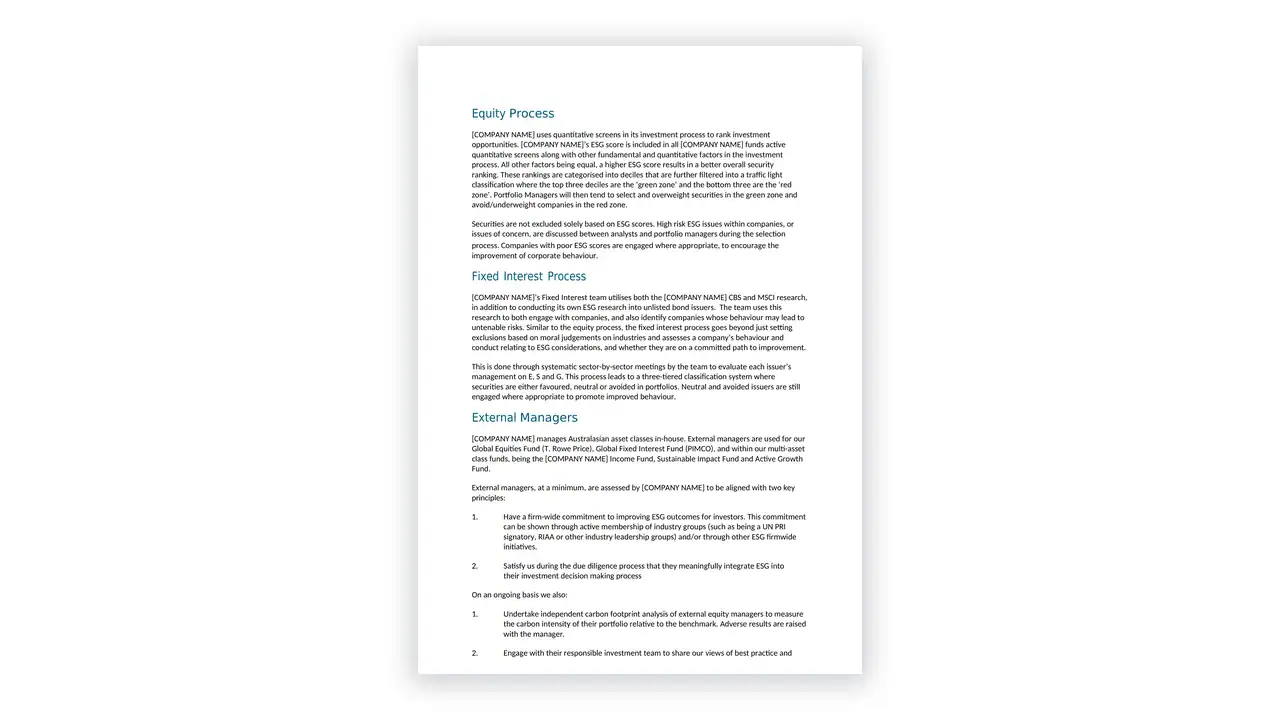 ESG toolkit sample: ESG Policy - Template 2 (Investment)