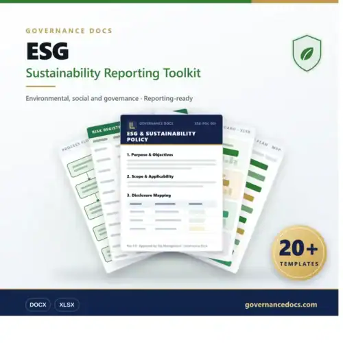 ESG Sustainability Reporting Toolkit with templates for governance and environmental reporting.