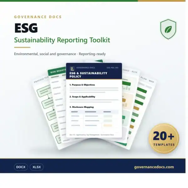 ESG Sustainability Reporting Toolkit with templates for governance and environmental reporting.