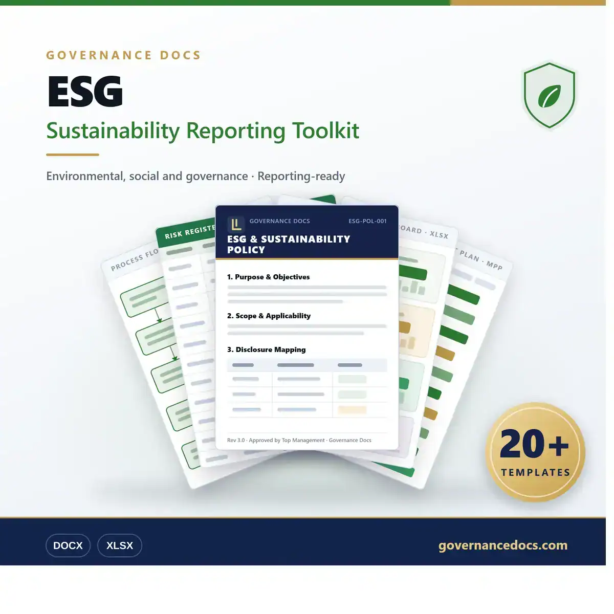 ESG Sustainability Reporting Toolkit with templates for governance and environmental reporting.