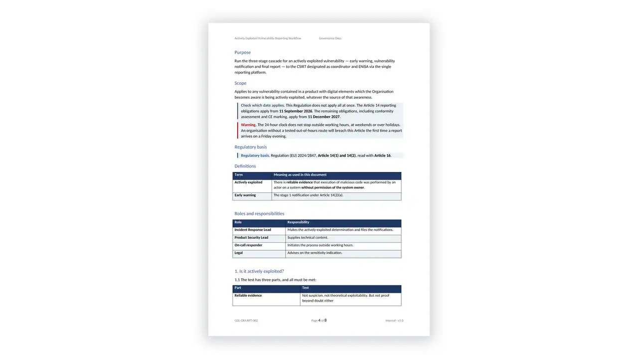 EU CRA Toolkit sample: GDL-CRA-RPT-002 - Actively Exploited Vulnerability Reporting Workflow