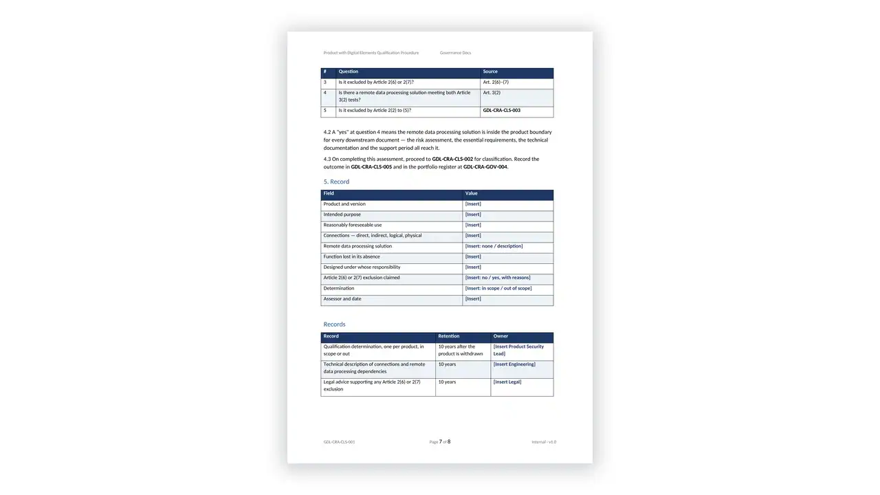 EU CRA Toolkit sample: GDL-CRA-CLS-001 - Product with Digital Elements Qualification Procedure
