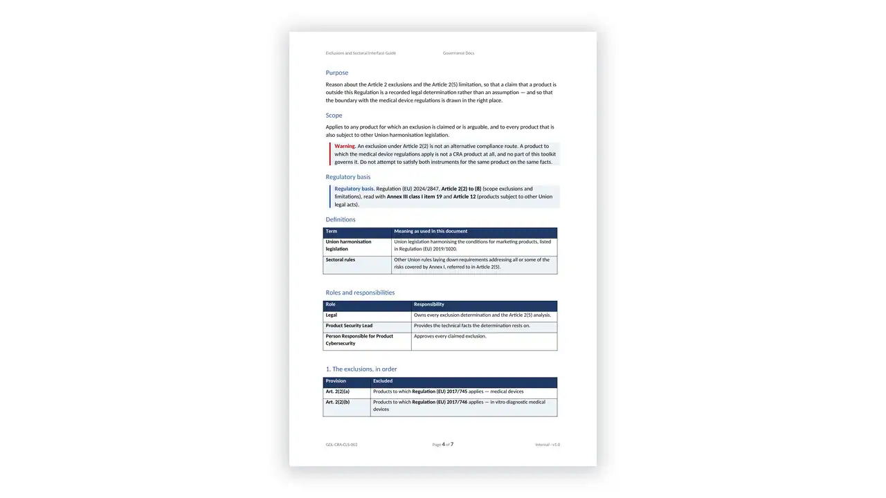 EU CRA Toolkit sample: GDL-CRA-CLS-003 - Exclusions and Sectoral Interface Guide