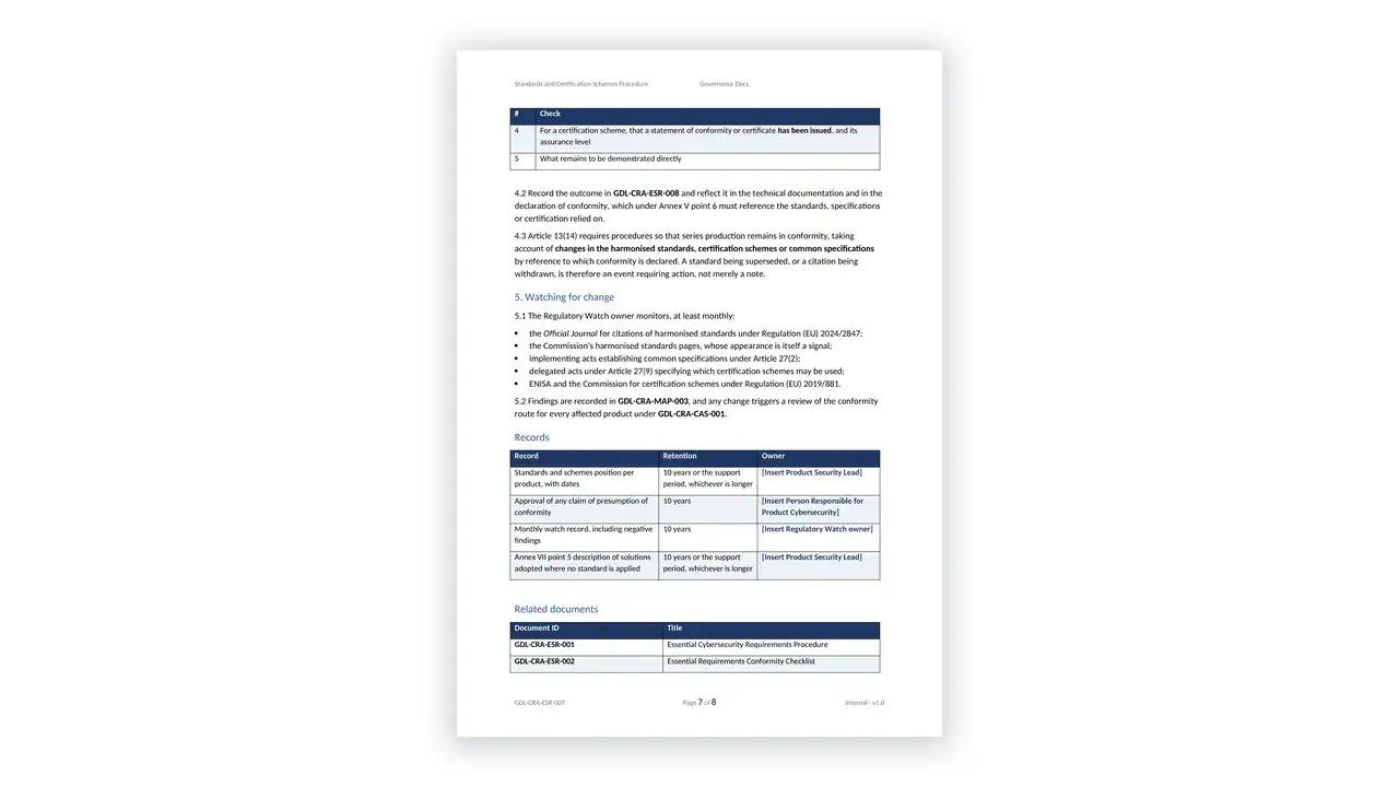 EU CRA Toolkit sample: GDL-CRA-ESR-007 - Standards and Certification Schemes Procedure