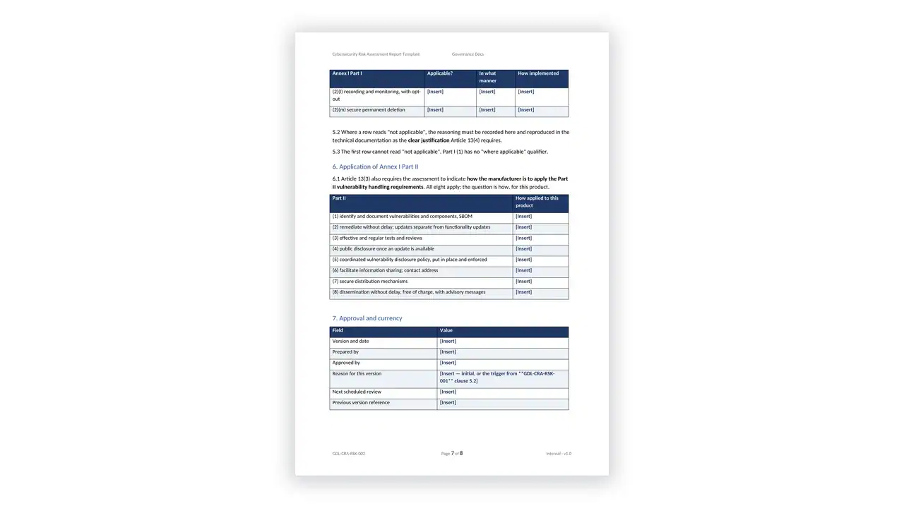 EU CRA Toolkit sample: GDL-CRA-RSK-002 - Cybersecurity Risk Assessment Report Template