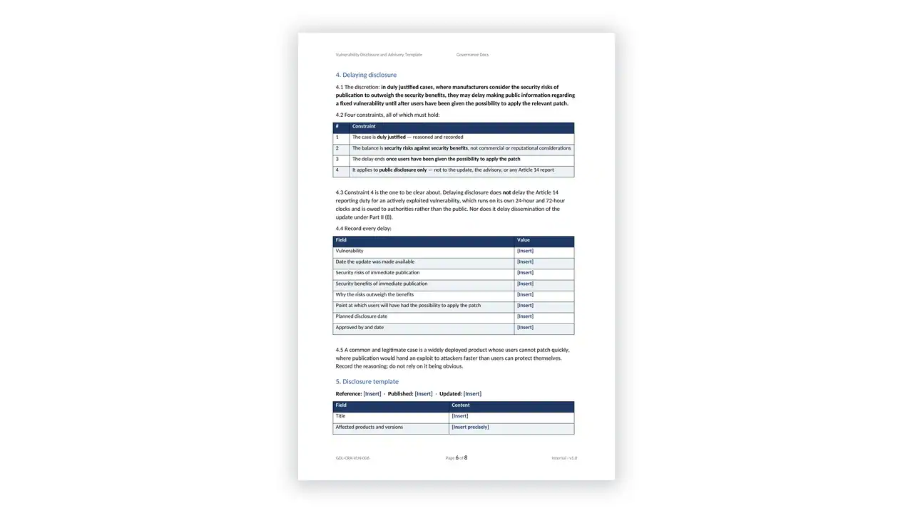 EU CRA Toolkit sample: GDL-CRA-VLN-006 - Vulnerability Disclosure and Advisory Template