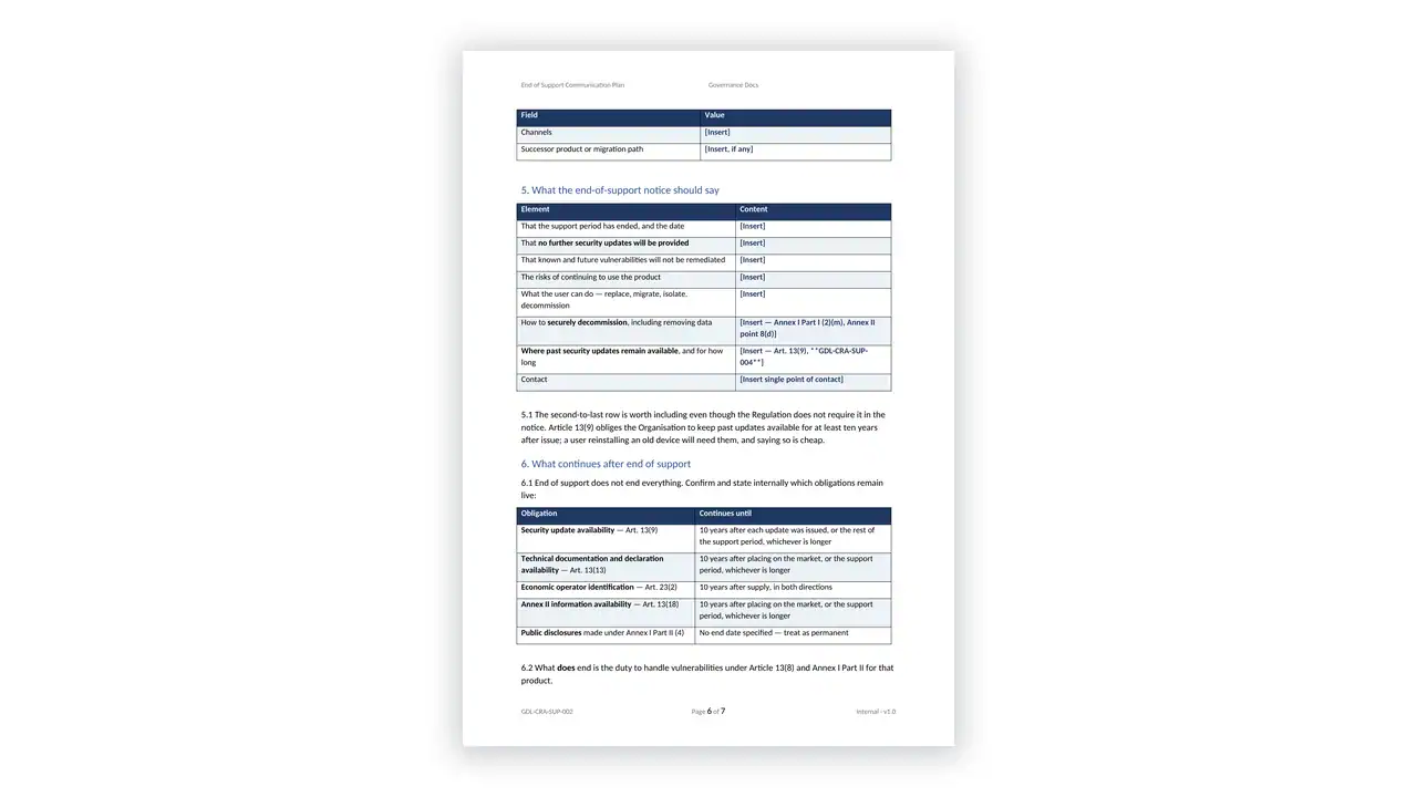 EU CRA Toolkit sample: GDL-CRA-SUP-002 - End of Support Communication Plan