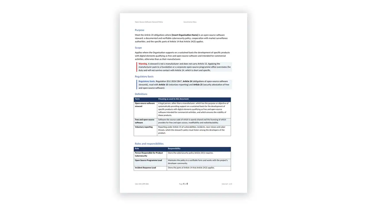 EU CRA Toolkit sample: GDL-CRA-OPR-006 - Open-Source Software Steward Policy