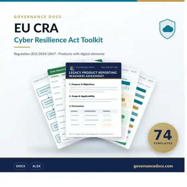 EU CRA Toolkit — 74 Regulation (EU) 2024/2847 Cyber Resilience Act templates for products with digital elements — product cover