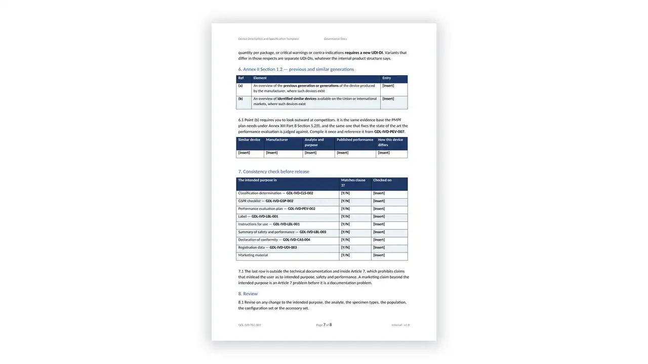 EU IVDR Toolkit sample: GDL-IVD-TEC-002 - Device Description and Specification Template
