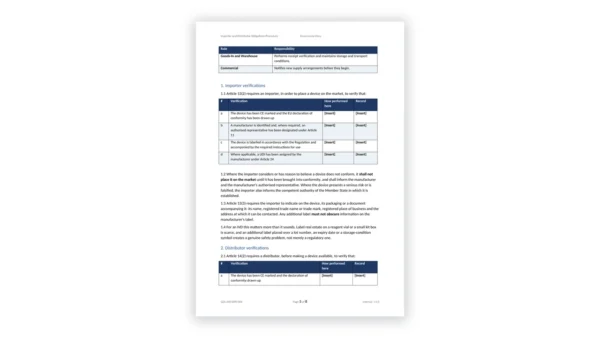 EU IVDR Toolkit sample: GDL-IVD-OPR-004 - Importer and Distributor Obligations Procedure