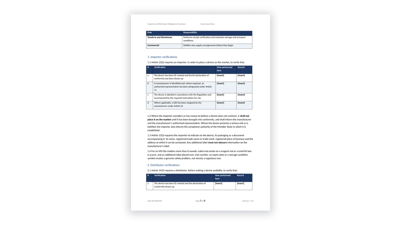 EU IVDR Toolkit sample: GDL-IVD-OPR-004 - Importer and Distributor Obligations Procedure