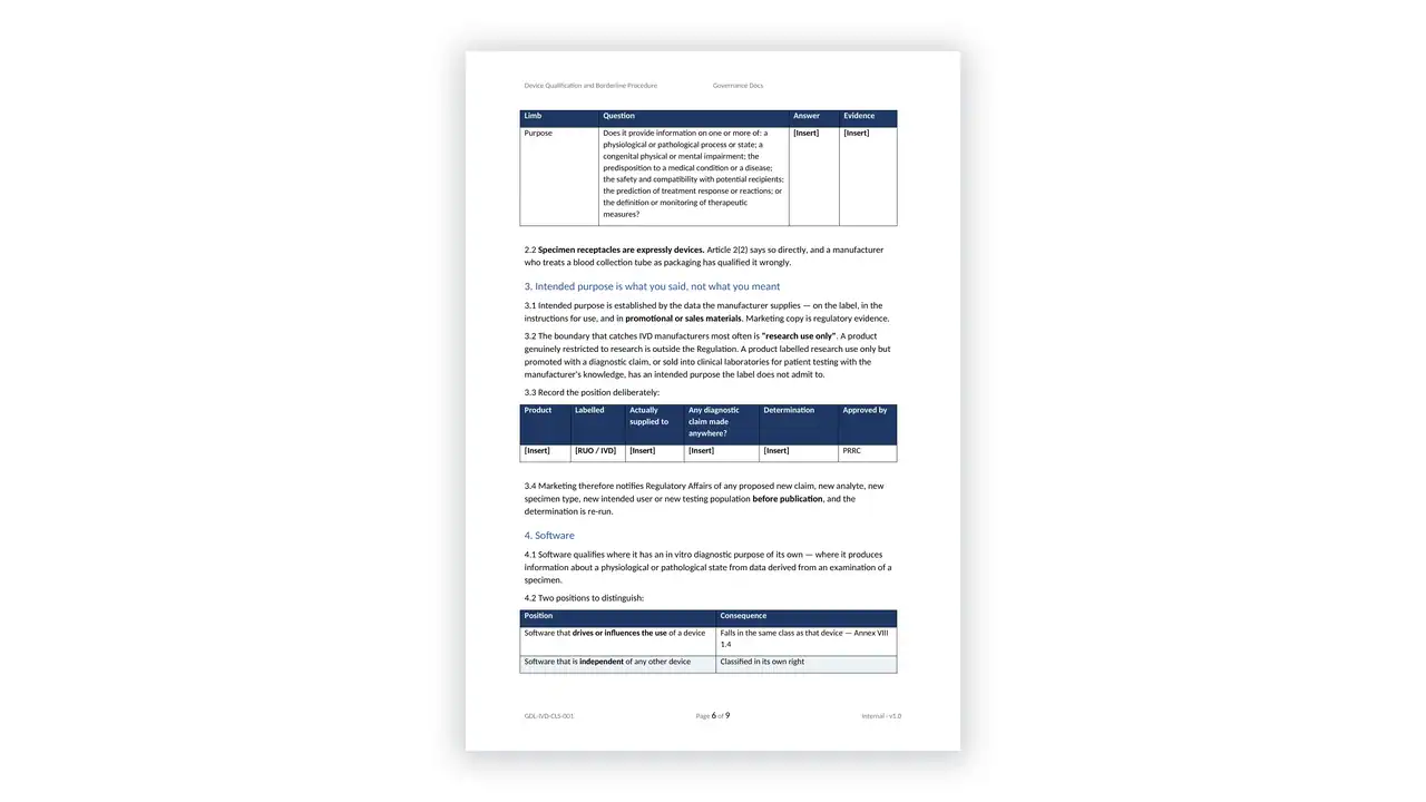 EU IVDR Toolkit sample: GDL-IVD-CLS-001 - Device Qualification and Borderline Procedure