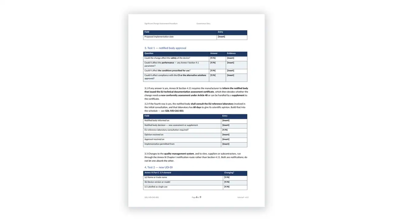 EU IVDR Toolkit sample: GDL-IVD-CHG-001 - Significant Change Assessment Procedure