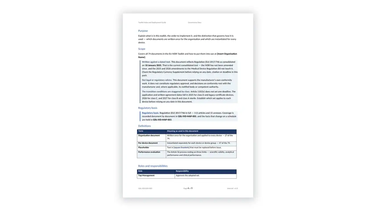 EU IVDR Toolkit sample: GDL-IVD-GOV-003 - Toolkit Index and Deployment Guide