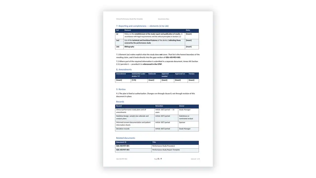 EU IVDR Toolkit sample: GDL-IVD-PST-002 - Clinical Performance Study Plan Template