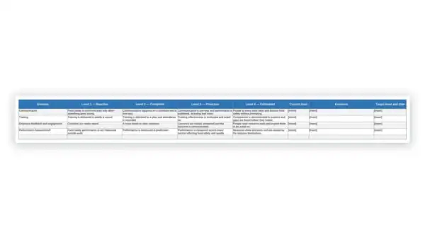 Governance framework table with levels and elements for organizational compliance.