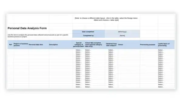 GDPR toolkit sample: GDPR-FORM-03-2 Personal Data Analysis Form