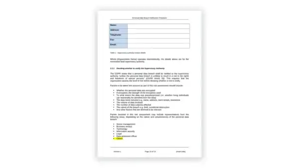GDPR toolkit sample: GDPR-DOC-09-2 Personal Data Breach Notification Procedure