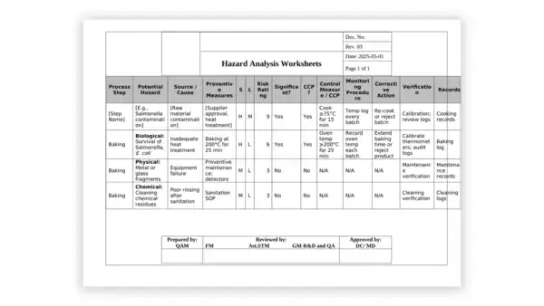 HACCP toolkit sample: Hazard Analysis Worksheets