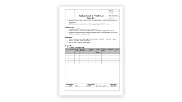 HACCP toolkit sample: Product Recall & Withdrawal Procedure