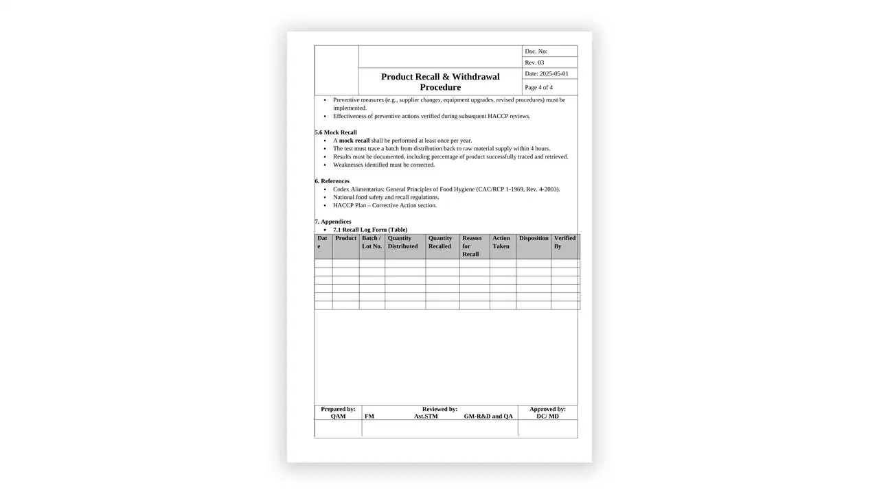 HACCP toolkit sample: Product Recall & Withdrawal Procedure