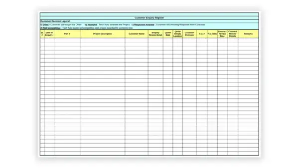 IATF 16949 toolkit sample: Customer Enquiry Register