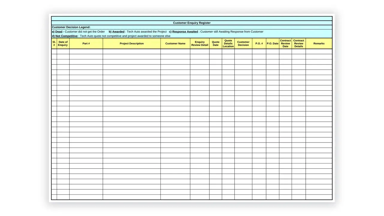 IATF 16949 toolkit sample: Customer Enquiry Register