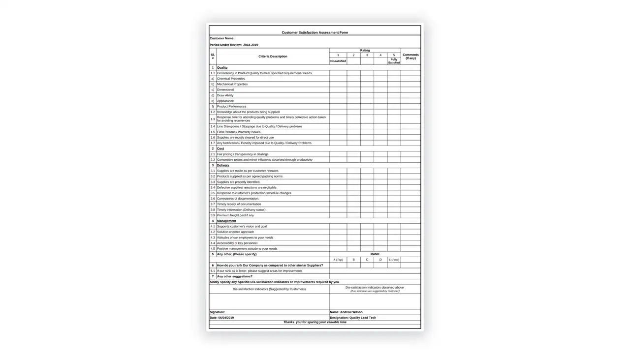 IATF 16949 toolkit sample: Customer Satisfaction Questionnaire