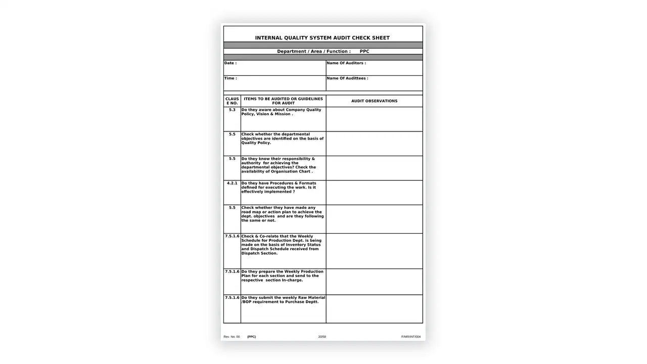 IATF 16949 toolkit sample: Internal Audit Check List