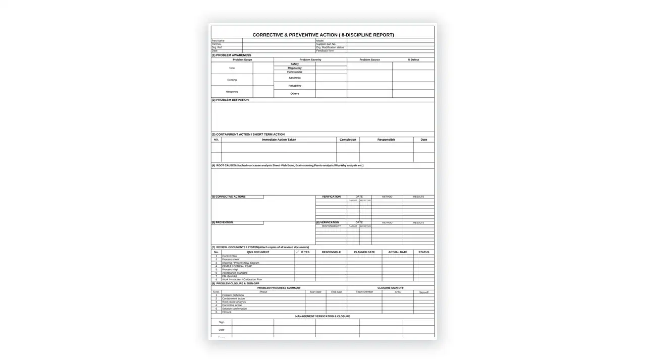 IATF 16949 toolkit sample: Corrective and Preventive Action 8D