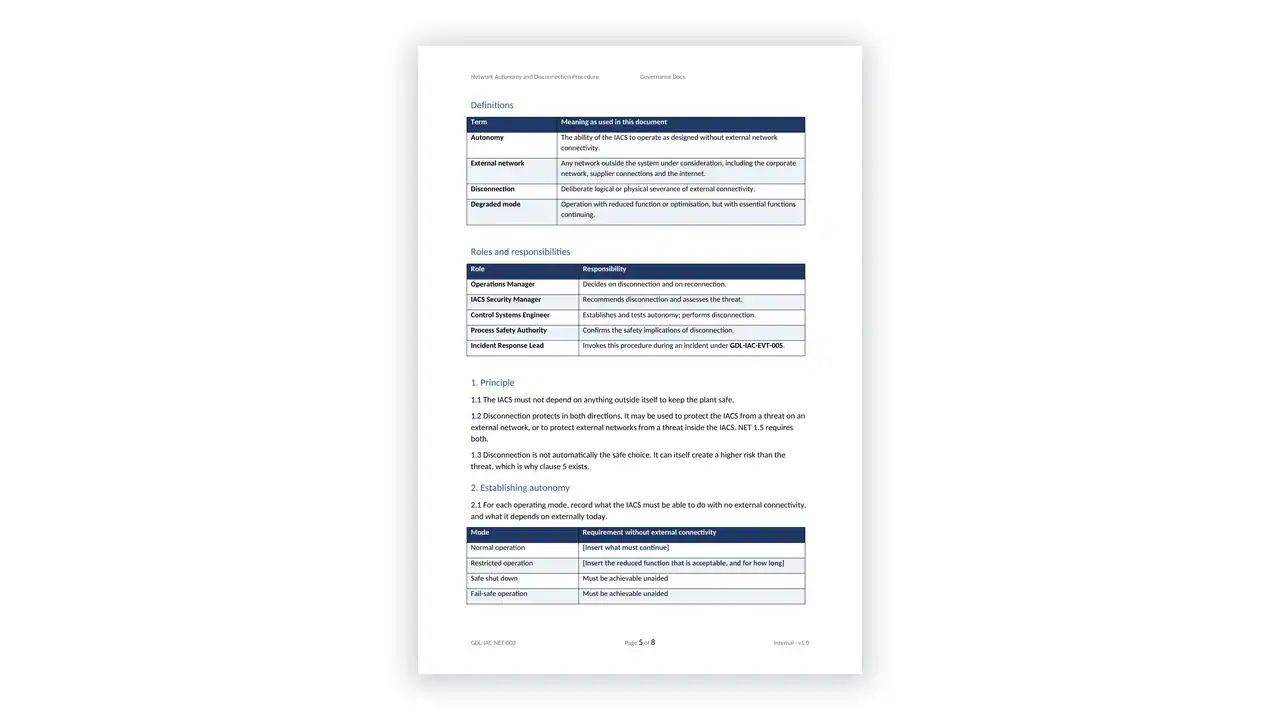 IEC 62443 Toolkit network autonomy and disconnection procedure