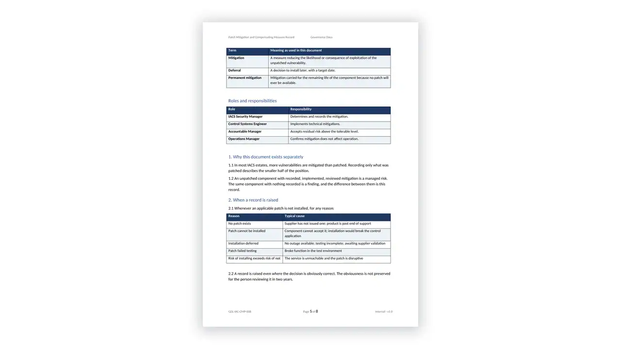 IEC 62443 Toolkit patch mitigation and compensating measure record