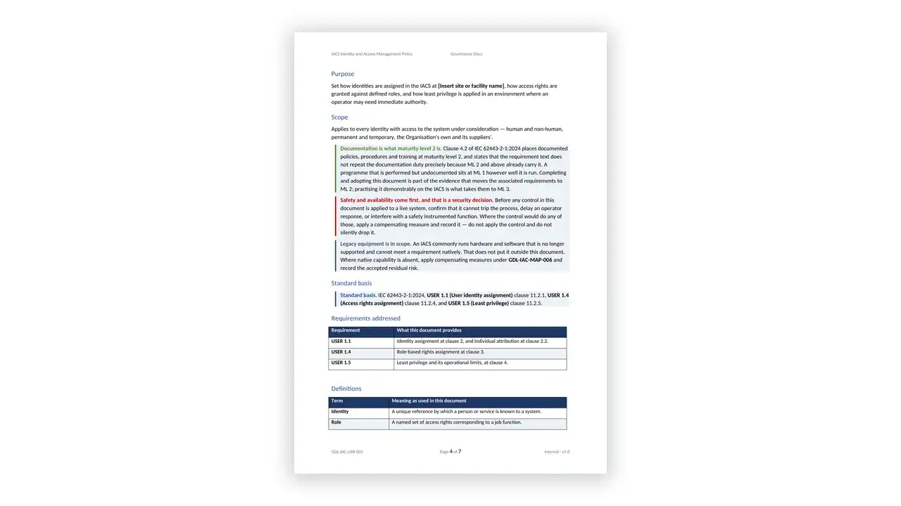 IEC 62443 Toolkit identity and access management policy for IACS