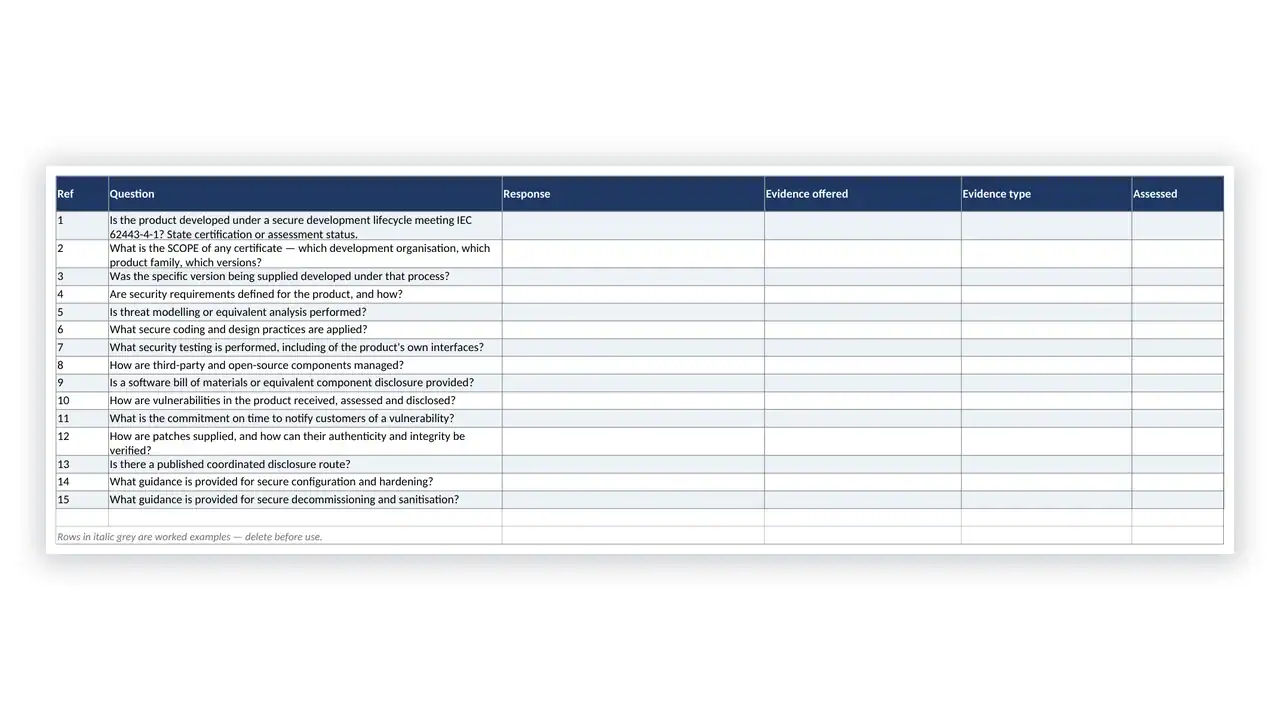 IEC 62443 Toolkit product supplier security questionnaire