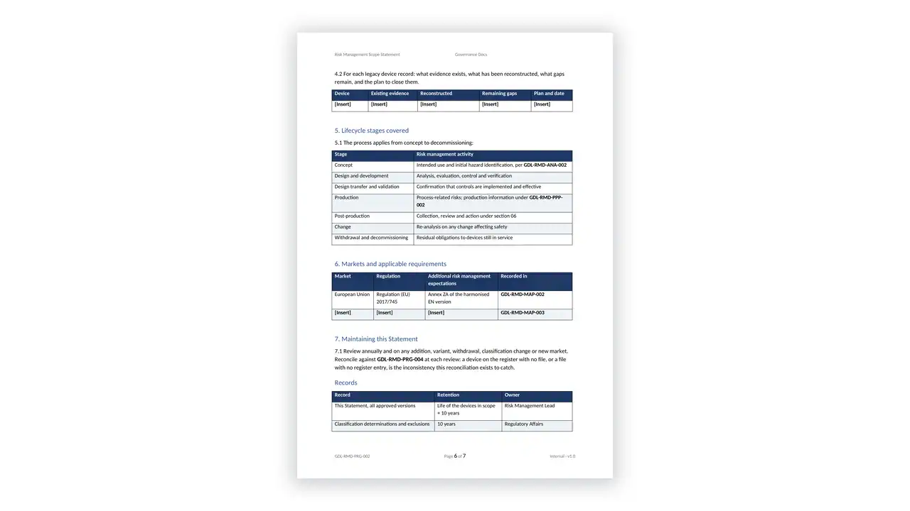 ISO 14971 Toolkit sample: GDL-RMD-PRG-002 - Risk Management Scope Statement