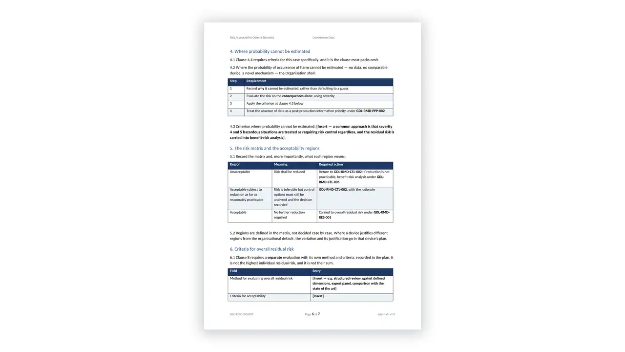 ISO 14971 Toolkit sample: GDL-RMD-SYS-003 - Risk Acceptability Criteria Standard