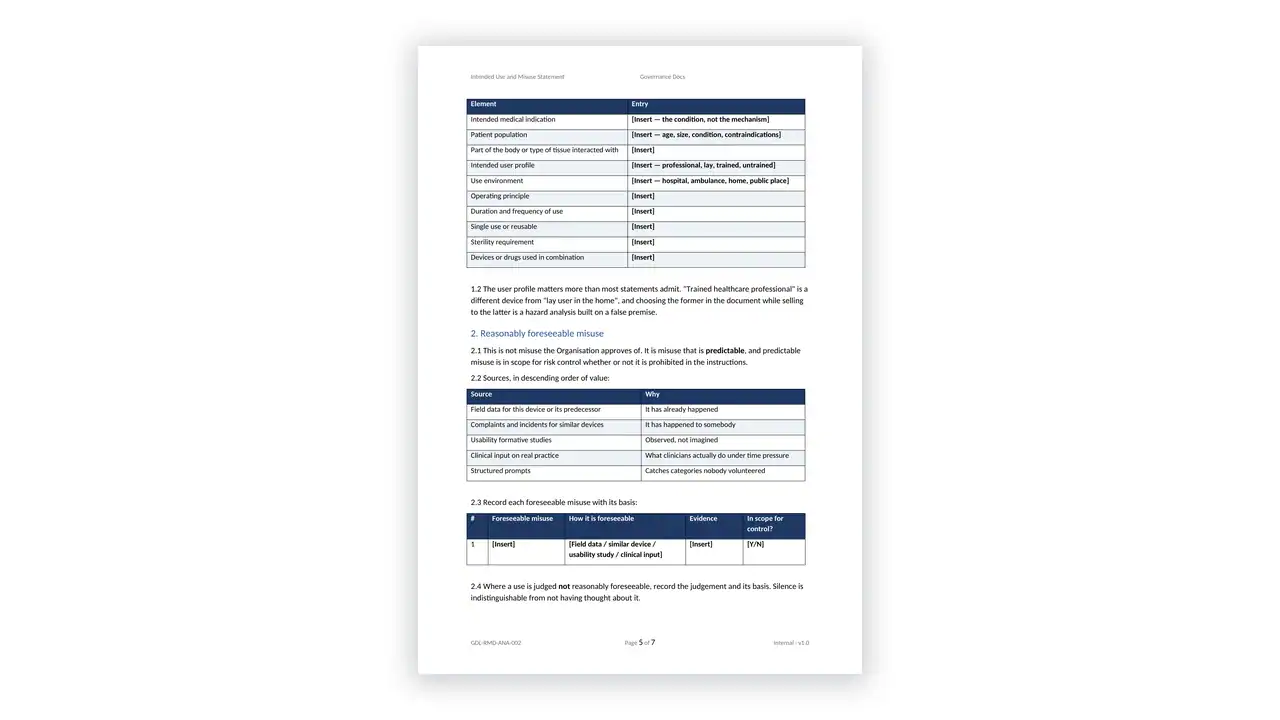 ISO 14971 Toolkit sample: GDL-RMD-ANA-002 - Intended Use and Misuse Statement