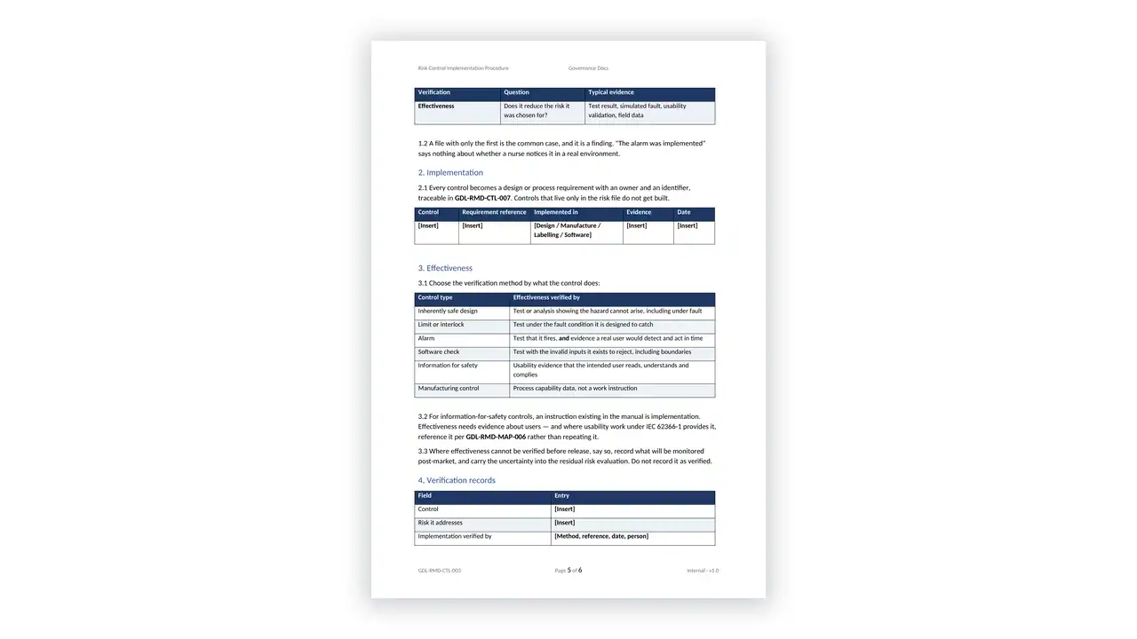 ISO 14971 Toolkit sample: GDL-RMD-CTL-003 - Risk Control Implementation Procedure