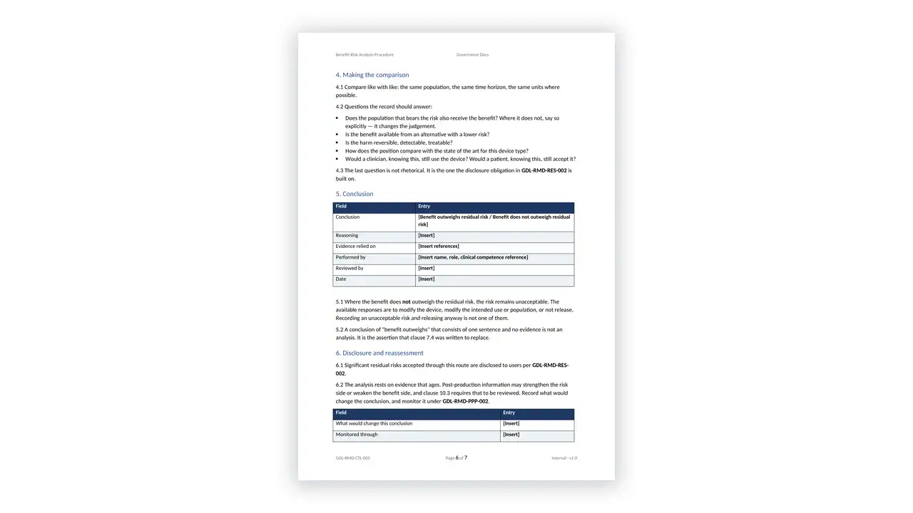 ISO 14971 Toolkit sample: GDL-RMD-CTL-005 - Benefit-Risk Analysis Procedure