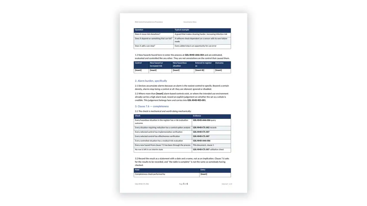 ISO 14971 Toolkit sample: GDL-RMD-CTL-006 - Risk Control Completeness Procedure