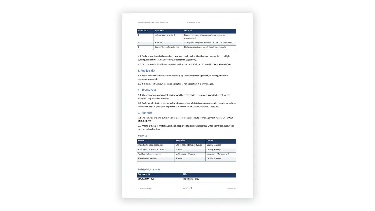 ISO 17025 Toolkit sample: GDL-LAB-IMP-002 - Impartiality Risk Assessment Procedure