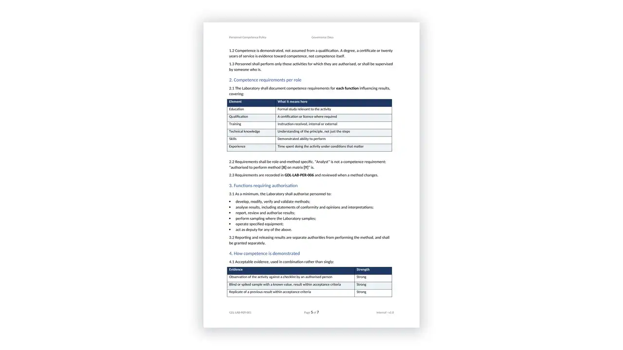 ISO 17025 Toolkit sample: GDL-LAB-PER-001 - Personnel Competence Policy